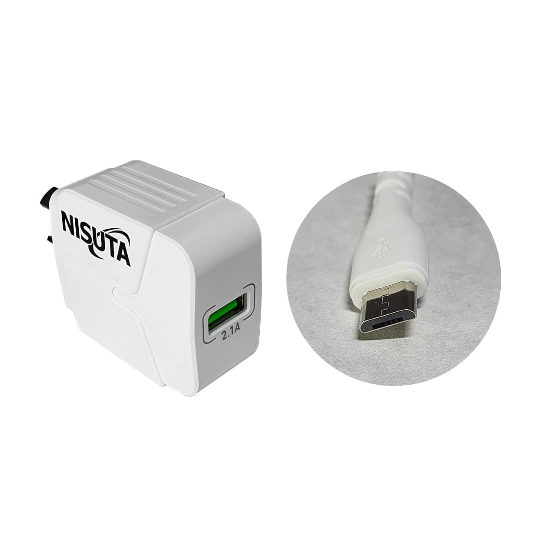 Cargador USB 2.1A, cable micro USB 1m NISUTA