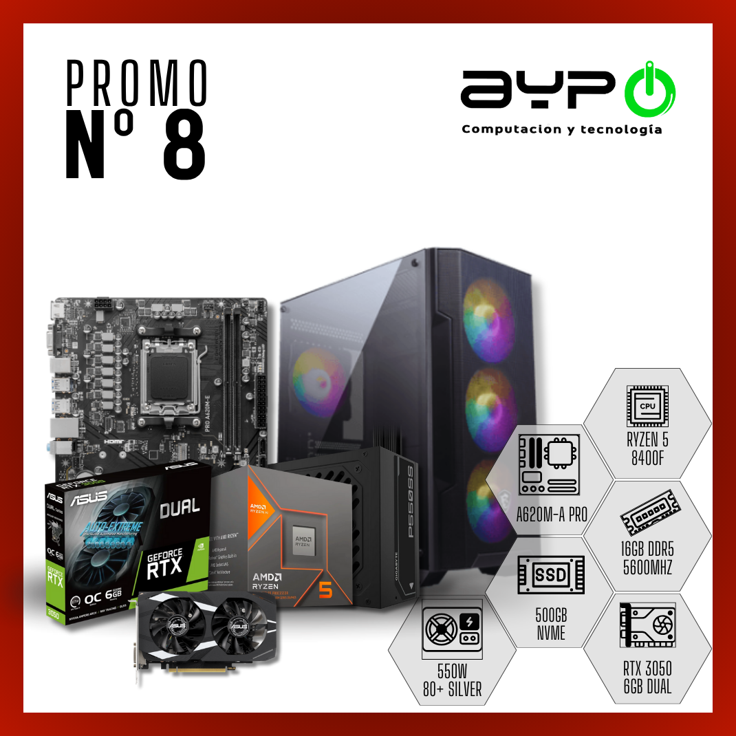 PC Ryzen 5 8400F, RTX 3050, 16GB DDR5 |Potencia y Rendimiento