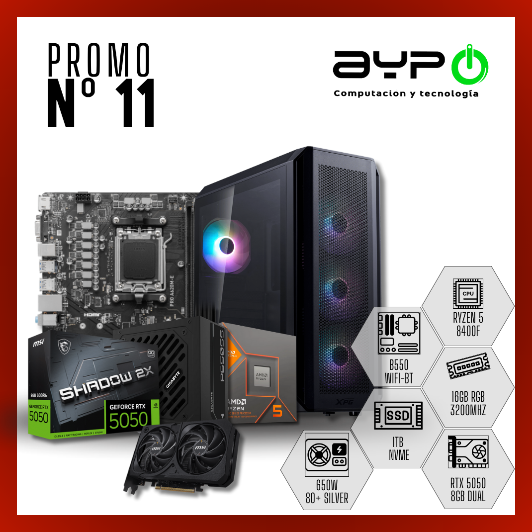 PC Ryzen 5 8400F, RTX 5050, 16GB RAM, M.2 1TB| Alto Rendimiento