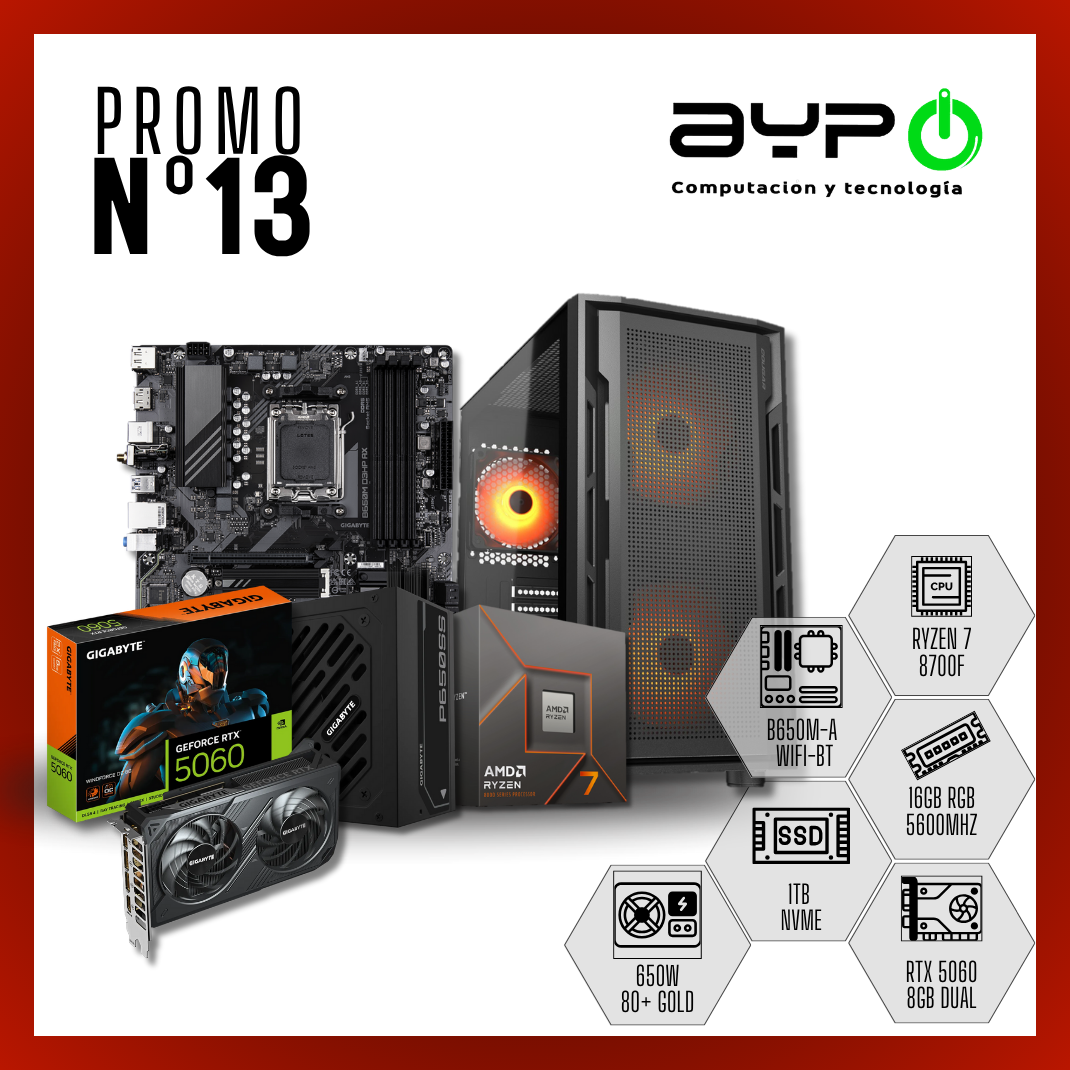 PC Ryzen 7 8700F, RTX 5060, 16GB DDR5, 1TB M.2| Alto Rendimiento