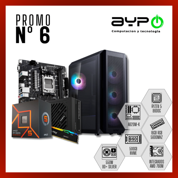 PC Ryzen 5 8600G, 16GB DDR5, M.2 500GB |Gaming y Productividad