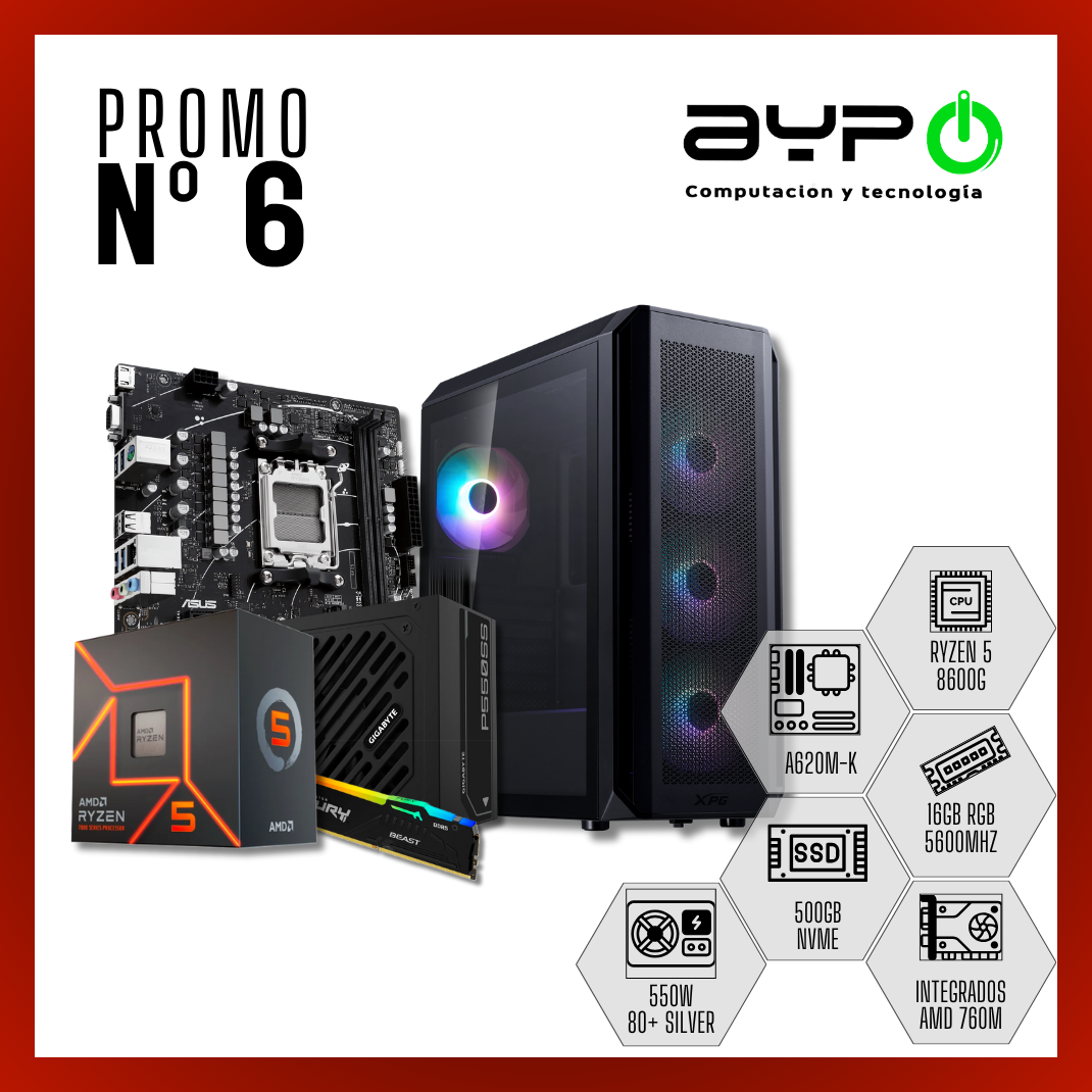 PC Ryzen 5 8600G, 16GB DDR5, M.2 500GB |Gaming y Productividad