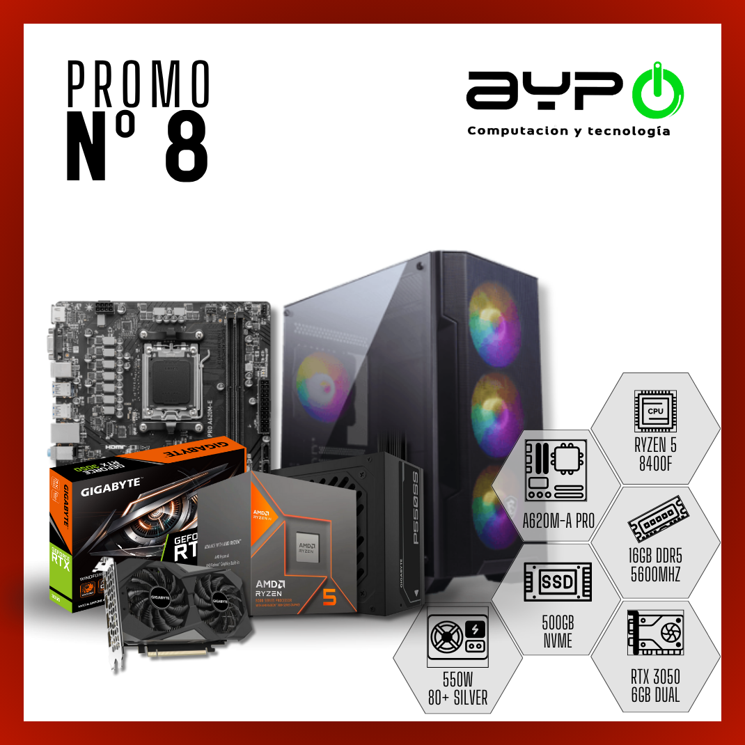 PC Ryzen 5 8400F, RTX 3050, 16GB DDR5 |Potencia y Rendimiento