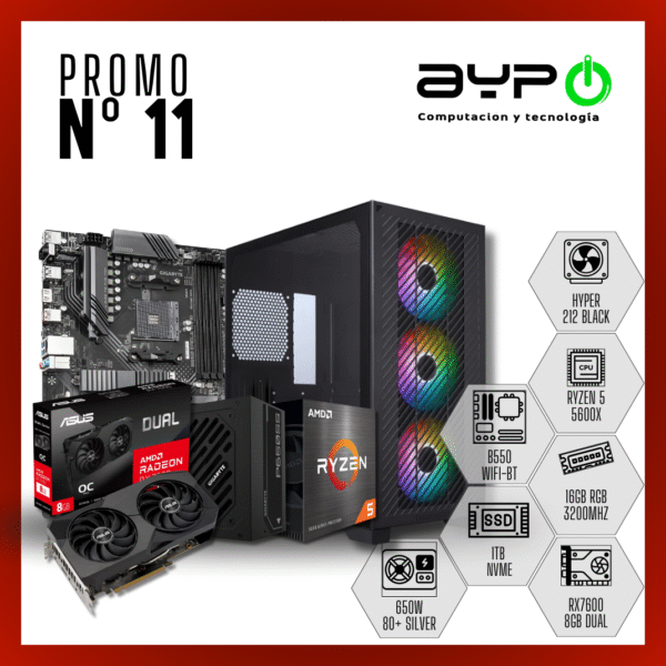 PC Ryzen 5 5600X, RX 7600, 16GB RAM, M.2 1TB| Alto Rendimiento