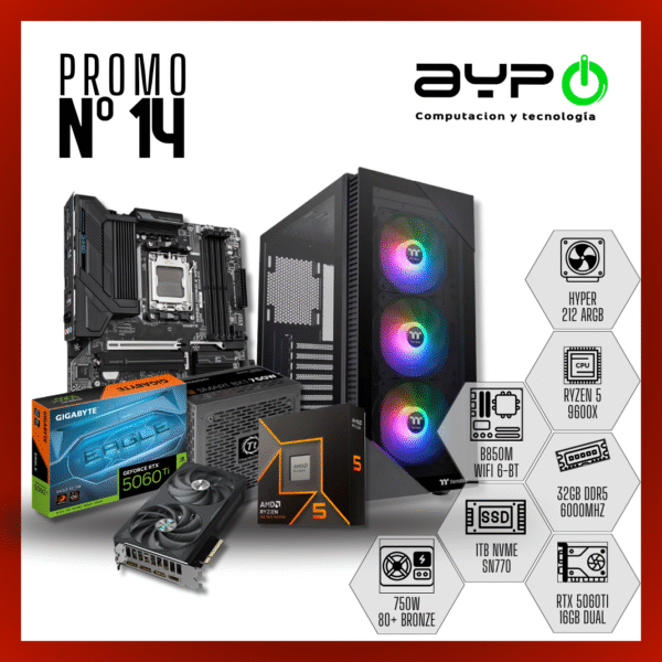 PC Ryzen 5 9600X, RTX 5060Ti , 32GB DDR5, 1TB M.2| Alto Rendimiento