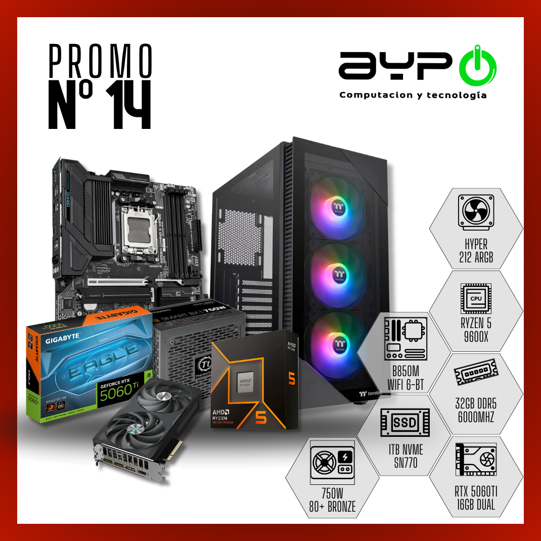 PC Ryzen 5 9600X, RTX 5060Ti , 16GB DDR5, 1TB M.2| Alto Rendimiento