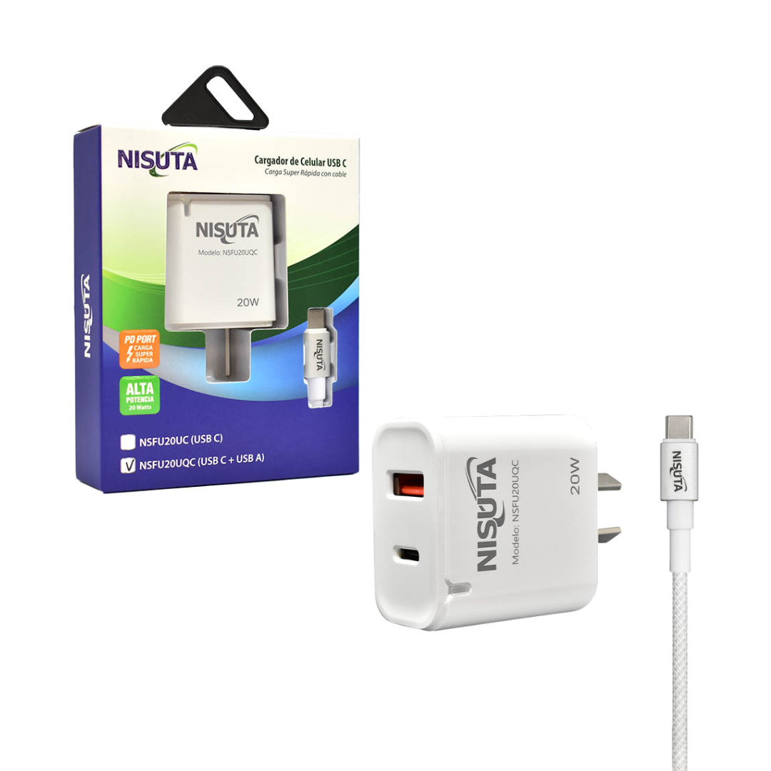 Cargador 20W 1 Puerto USB A y USB C NISUTA